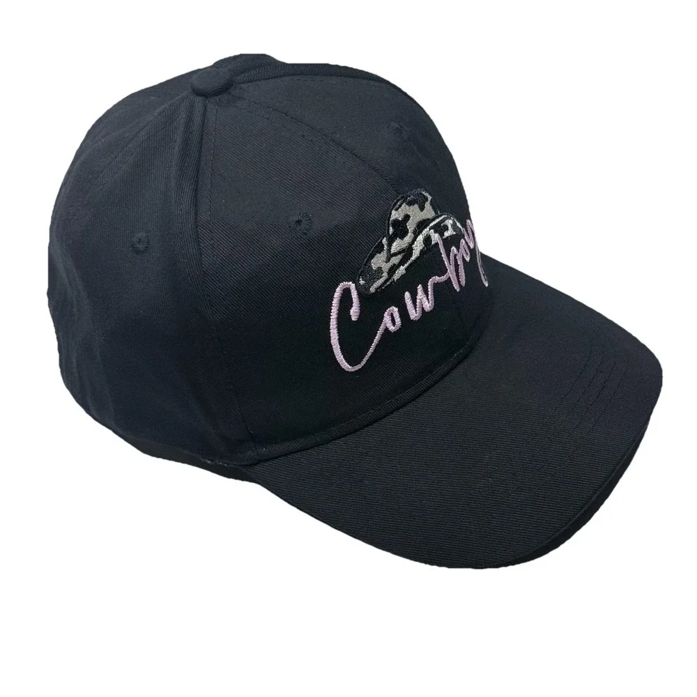 Black Baseball Cap Pink Cowboy Embroidery Cow Print Western Hat Adjustable OS